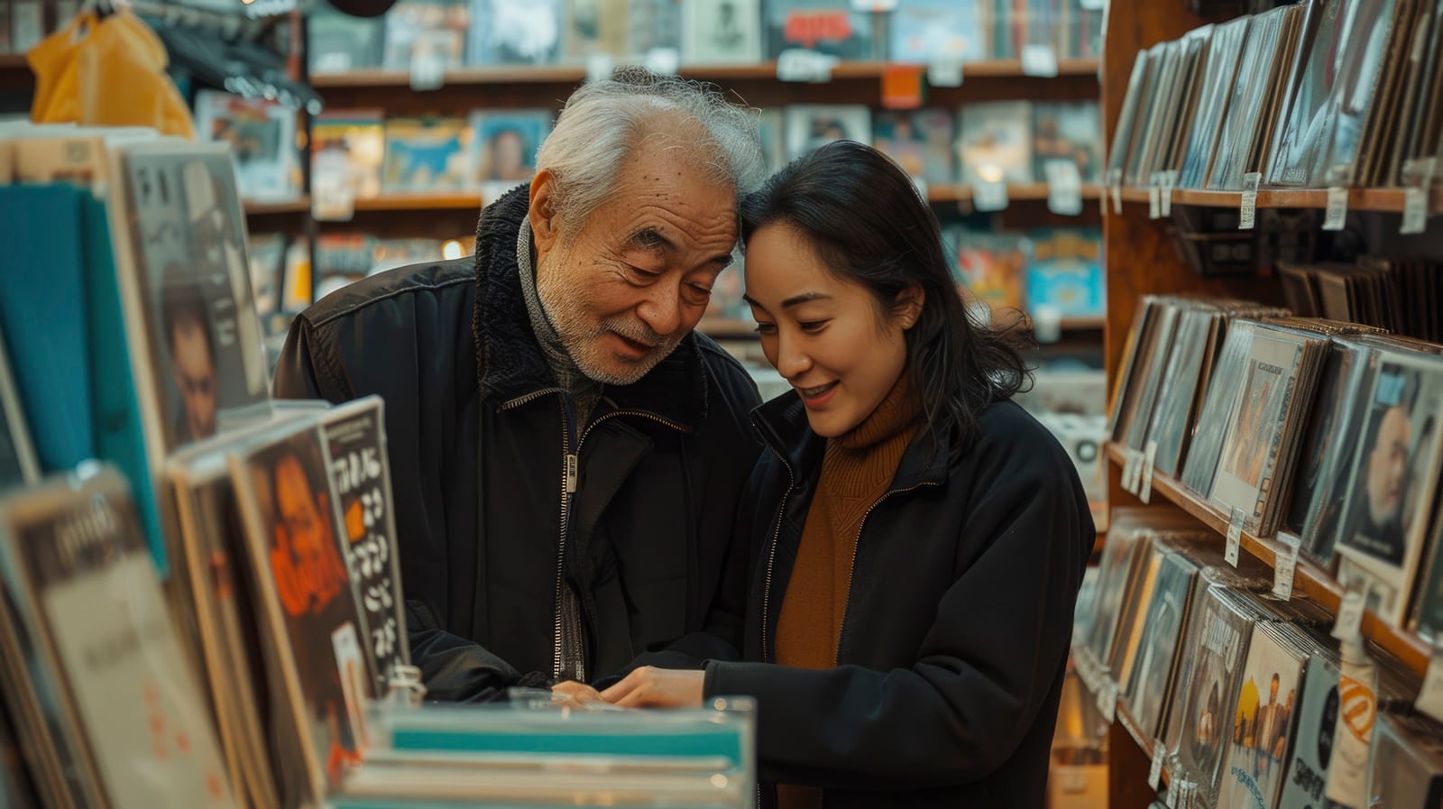 レコード店で品物を眺める年配の男性と若い女性