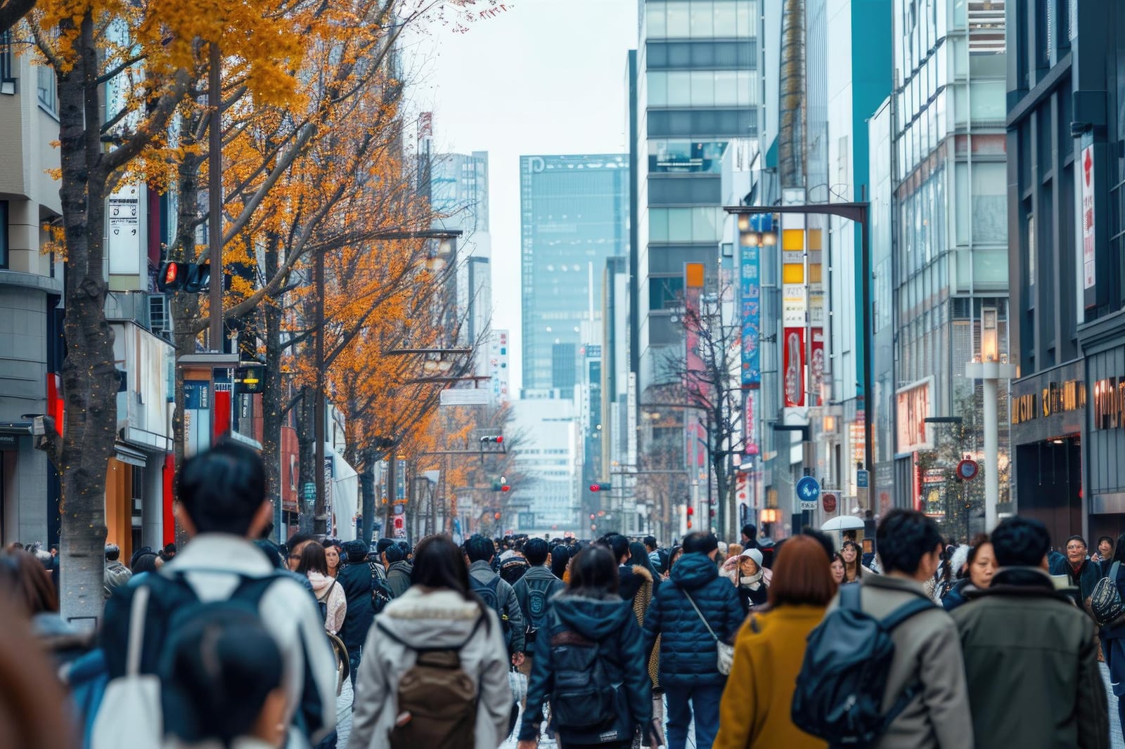 紅葉した並木道を歩く名古屋の人々